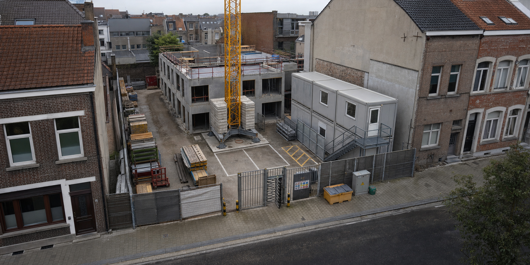 Realistische 3D-weergave van een compacte Vlaamse woonwerf met gescheiden werfzones