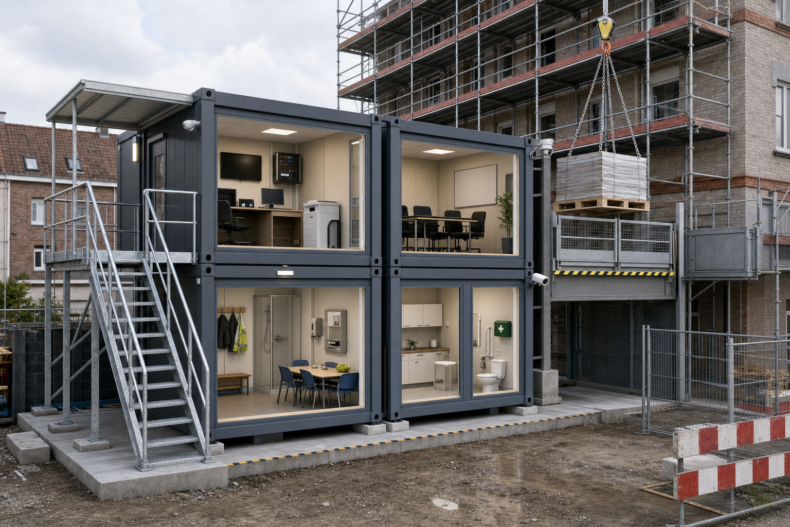 Realistische 3D-weergave van gestapelde werfketen en een laadplatform