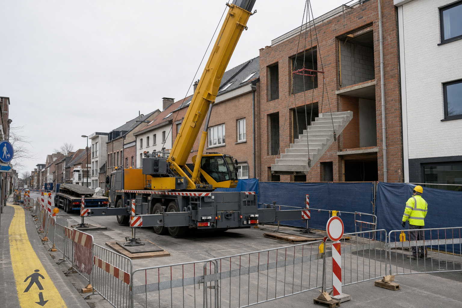 Realistische 3D-weergave van een veilig opgestelde mobiele kraan op een woonwerf